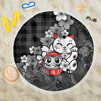Black Palaka Hawaiian And Japanese Beach Blanket Maneki Neko And Sakura Bloom DT05 One Size 150cm Black - Polynesian Pride