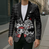 Black Palaka Hawaiian And Japanese Blazer Maneki Neko And Sakura Bloom