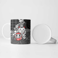 Black Palaka Hawaiian And Japanese Ceramic Mug Maneki Neko And Sakura Bloom