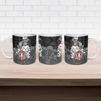 Black Palaka Hawaiian And Japanese Ceramic Mug Maneki Neko And Sakura Bloom