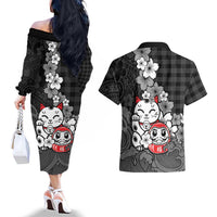 Black Palaka Hawaiian And Japanese Couples Matching Off The Shoulder Long Sleeve Dress and Hawaiian Shirt Maneki Neko And Sakura Bloom