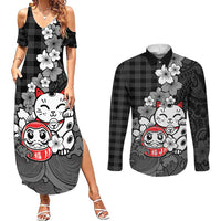 Black Palaka Hawaiian And Japanese Couples Matching Summer Maxi Dress and Long Sleeve Button Shirt Maneki Neko And Sakura Bloom