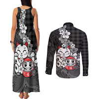 Black Palaka Hawaiian And Japanese Couples Matching Tank Maxi Dress and Long Sleeve Button Shirt Maneki Neko And Sakura Bloom