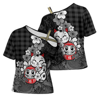 Black Palaka Hawaiian And Japanese Cross Shoulder Shirt Maneki Neko And Sakura Bloom