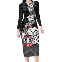 Black Palaka Hawaiian And Japanese Family Matching Long Sleeve Bodycon Dress and Hawaiian Shirt Maneki Neko And Sakura Bloom