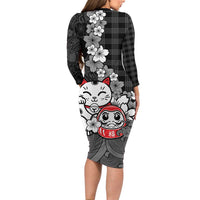 Black Palaka Hawaiian And Japanese Family Matching Long Sleeve Bodycon Dress and Hawaiian Shirt Maneki Neko And Sakura Bloom