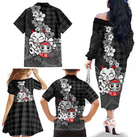 Black Palaka Hawaiian And Japanese Family Matching Off The Shoulder Long Sleeve Dress and Hawaiian Shirt Maneki Neko And Sakura Bloom