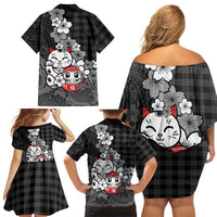 Black Palaka Hawaiian And Japanese Family Matching Off Shoulder Short Dress and Hawaiian Shirt Maneki Neko And Sakura Bloom