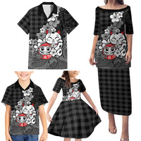 Black Palaka Hawaiian And Japanese Family Matching Puletasi and Hawaiian Shirt Maneki Neko And Sakura Bloom