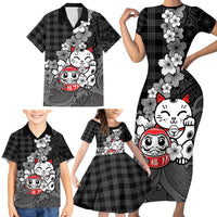 Black Palaka Hawaiian And Japanese Family Matching Short Sleeve Bodycon Dress and Hawaiian Shirt Maneki Neko And Sakura Bloom