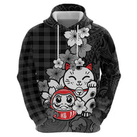 Black Palaka Hawaiian And Japanese Hoodie Maneki Neko And Sakura Bloom