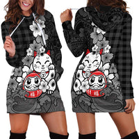Black Palaka Hawaiian And Japanese Hoodie Dress Maneki Neko And Sakura Bloom DT05 - Polynesian Pride