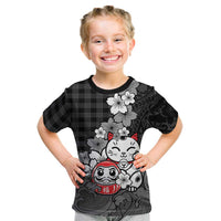 Black Palaka Hawaiian And Japanese Kid T Shirt Maneki Neko And Sakura Bloom