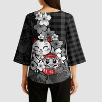 Black Palaka Hawaiian And Japanese Kimono Sleeve Blouse Maneki Neko And Sakura Bloom