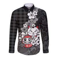 Black Palaka Hawaiian And Japanese Long Sleeve Button Shirt Maneki Neko And Sakura Bloom