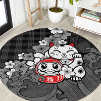 Black Palaka Hawaiian And Japanese Round Carpet Maneki Neko And Sakura Bloom DT05 Black - Polynesian Pride