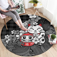 Black Palaka Hawaiian And Japanese Round Carpet Maneki Neko And Sakura Bloom DT05 - Polynesian Pride