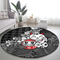 Black Palaka Hawaiian And Japanese Round Carpet Maneki Neko And Sakura Bloom DT05 - Polynesian Pride
