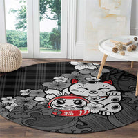 Black Palaka Hawaiian And Japanese Round Carpet Maneki Neko And Sakura Bloom DT05 - Polynesian Pride