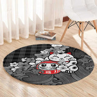 Black Palaka Hawaiian And Japanese Round Carpet Maneki Neko And Sakura Bloom DT05 - Polynesian Pride