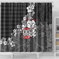 Black Palaka Hawaiian And Japanese Shower Curtain Maneki Neko And Sakura Bloom