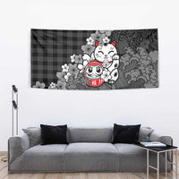 Black Palaka Hawaiian And Japanese Tapestry Maneki Neko And Sakura Bloom