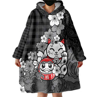Black Palaka Hawaiian And Japanese Wearable Blanket Hoodie Maneki Neko And Sakura Bloom
