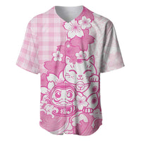 Pink Palaka Hawaiian And Japanese Baseball Jersey Maneki Neko And Sakura Bloom DT05 Pink - Polynesian Pride