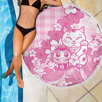 Pink Palaka Hawaiian And Japanese Beach Blanket Maneki Neko And Sakura Bloom