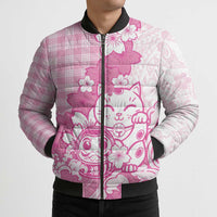 Pink Palaka Hawaiian And Japanese Bomber Puffer Jacket Maneki Neko And Sakura Bloom