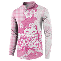 Pink Palaka Hawaiian And Japanese Button Sweatshirt Maneki Neko And Sakura Bloom