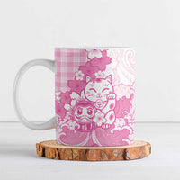 Pink Palaka Hawaiian And Japanese Ceramic Mug Maneki Neko And Sakura Bloom DT05 Pink - Polynesian Pride