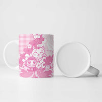 Pink Palaka Hawaiian And Japanese Ceramic Mug Maneki Neko And Sakura Bloom DT05 - Polynesian Pride