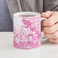 Pink Palaka Hawaiian And Japanese Ceramic Mug Maneki Neko And Sakura Bloom DT05 - Polynesian Pride