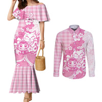 Pink Palaka Hawaiian And Japanese Couples Matching Mermaid Dress and Long Sleeve Button Shirt Maneki Neko And Sakura Bloom