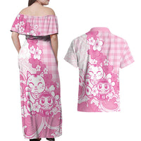 Pink Palaka Hawaiian And Japanese Couples Matching Off Shoulder Maxi Dress and Hawaiian Shirt Maneki Neko And Sakura Bloom