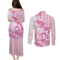 Pink Palaka Hawaiian And Japanese Couples Matching Puletasi and Long Sleeve Button Shirt Maneki Neko And Sakura Bloom