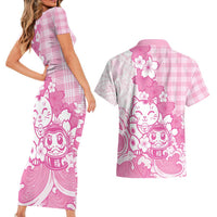 Pink Palaka Hawaiian And Japanese Couples Matching Short Sleeve Bodycon Dress and Hawaiian Shirt Maneki Neko And Sakura Bloom
