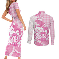 Pink Palaka Hawaiian And Japanese Couples Matching Short Sleeve Bodycon Dress and Long Sleeve Button Shirt Maneki Neko And Sakura Bloom