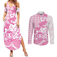 Pink Palaka Hawaiian And Japanese Couples Matching Summer Maxi Dress and Long Sleeve Button Shirt Maneki Neko And Sakura Bloom