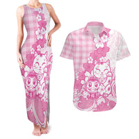 Pink Palaka Hawaiian And Japanese Couples Matching Tank Maxi Dress and Hawaiian Shirt Maneki Neko And Sakura Bloom
