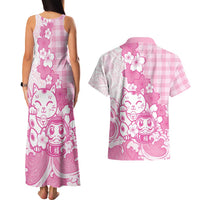 Pink Palaka Hawaiian And Japanese Couples Matching Tank Maxi Dress and Hawaiian Shirt Maneki Neko And Sakura Bloom