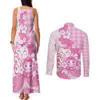 Pink Palaka Hawaiian And Japanese Couples Matching Tank Maxi Dress and Long Sleeve Button Shirt Maneki Neko And Sakura Bloom