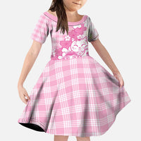 Pink Palaka Hawaiian And Japanese Family Matching Off The Shoulder Long Sleeve Dress and Hawaiian Shirt Maneki Neko And Sakura Bloom