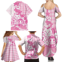 Pink Palaka Hawaiian And Japanese Family Matching Summer Maxi Dress and Hawaiian Shirt Maneki Neko And Sakura Bloom