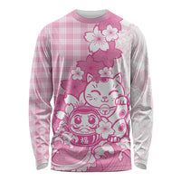 Pink Palaka Hawaiian And Japanese Long Sleeve Shirt Maneki Neko And Sakura Bloom