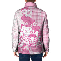 Pink Palaka Hawaiian And Japanese Padded Jacket Maneki Neko And Sakura Bloom