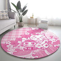 Pink Palaka Hawaiian And Japanese Round Carpet Maneki Neko And Sakura Bloom DT05 - Polynesian Pride