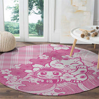 Pink Palaka Hawaiian And Japanese Round Carpet Maneki Neko And Sakura Bloom DT05 - Polynesian Pride