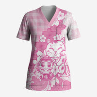 Pink Palaka Hawaiian And Japanese Scrub Top Maneki Neko And Sakura Bloom